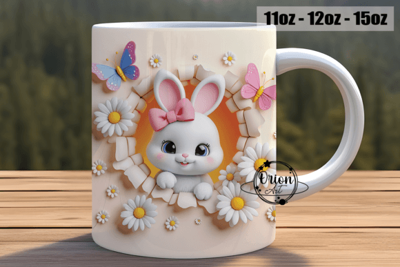 3D Bunny Daisy Mug Wrap PNG